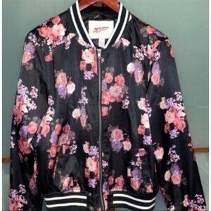 Arizona Jean Co Women’s Black Floral Satin Varsity Bomber Jacket Size Medium